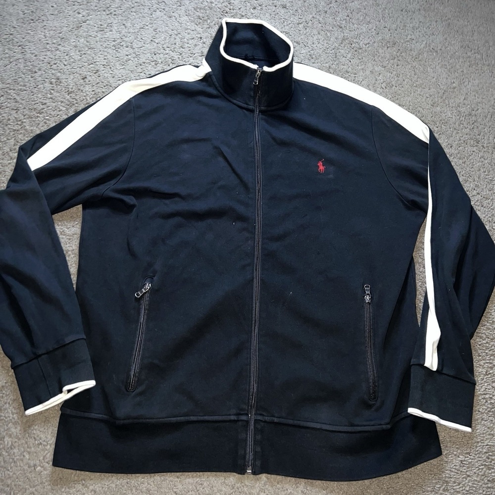 Polo Ralph Lauren Track Jacket Mens XL Black White Stripe Full Zip Pony